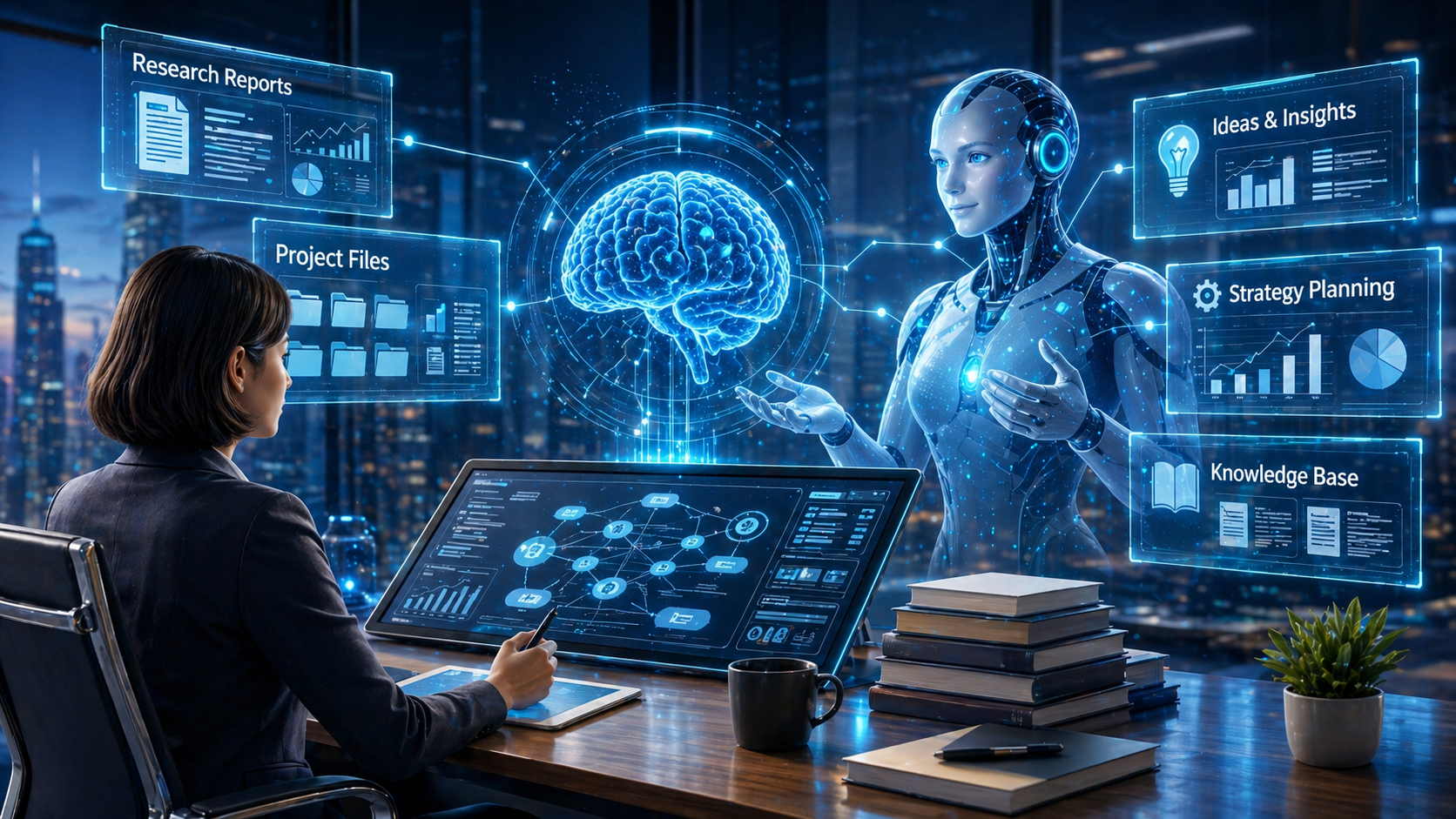 A person learning with an AI knowledge management interface